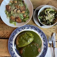 Caesar salad (small size), vegetables, and the famous « Pie, mash and liquor"  at The Spread Eagle in East London