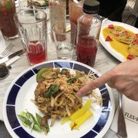 Pad thai on the left and the filled pasta with pumpkin puree on the right  at Flax & Kale - Sant Pere Mes in Barcelona