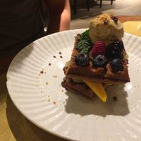 Breakfast waffles  at Flax & Kale - Sant Pere Mes in Barcelona
