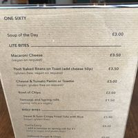 Menu  at One Sixty in Burnley