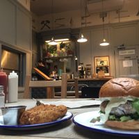 Vegan Mozzarella Sticks and the Nashville Hot Seitan Burger in the back room.  at The Blacksmith & The Toffeemaker in London