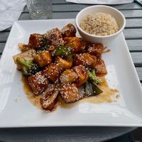 Tofu/broccoli sweet/sour dish with brown rice.  at Amituofo Vegan Cuisine in Brooklyn