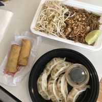 Spring rolls, steamed dumplings, pad Thai  at Amituofo Vegan Cuisine in Brooklyn