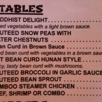 Veg options
We got V5 Broccoli in (brown) Garlic Sauce, V2 Snow Peas with Water Chestnuts in white sauce, and V3 which is Fried Tofu  at China Restaurant in Harlingen