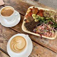 Breakfast plate and coffee #Veganuary at Meshek Barzilay Deli in Tel Aviv