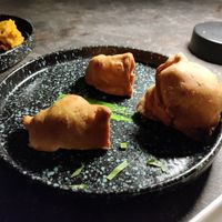 Samosas unfortunately sitting on a little yogurt sauce at Shakinah in Msida