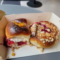 Rose jam donut and marzipan pastry(right) at Zaczyn in Krakow