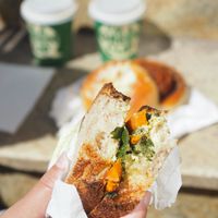 Vegan sandwich with pesto, almond cheese and caramelized carrots  at Zaczyn in Krakow