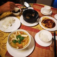 Eggplant, tofu in tomato saus, and Udon noodles and veg. All of them awesome at Hoa Nghiem in Hue