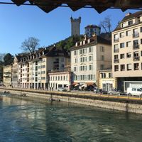Perfect location! (orange awning with white umbrellas outside) at Karls Kraut in Luzern