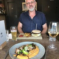 Tofu teriyaki and burger with fries  at Karls Kraut in Luzern