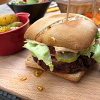 Burger, vandaag vegan! Normaal is het brood niet vegan.  at La Part du Colibri in Crest