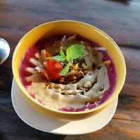 Vegan Smoothie Bowl with Banana, Dragonfruit, Pumpkin - and Sunflowerseeds and Coconut Yogurt at Dragonfly Cafe in Ubud