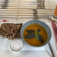 Pumpkin soup and bread. Excellent at Homemade Burgers and Sandwiches in Koh Samui