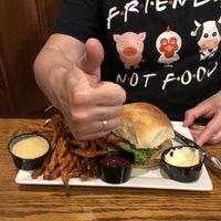 Beyond Burger with Sweet Potato Fries  at Rooster Fish Brewing Pub in Watkins Glen