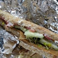 seitan breakfast sandwich with vegan cream cheese at Glen Mountain Market in Watkins Glen