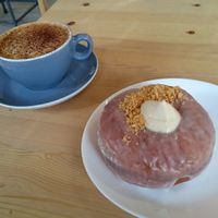Cappuccino with baileys cheescake doughnut at Dough Society in East London