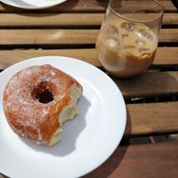 Jam and Custard with iced mocha at Dough Society in East London