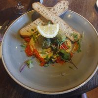 ROASTED CHICKPEA & CARROT FALAFEL:
Creamy hummus, roasted red pepper & olive tapenade & ciabatta at The Merlin in Alderley Edge