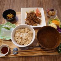 Okacon meal. It includes genmaidango, brown rice, miso soup, bbq dish, potato salad with vegetables, nata de coco sashimi, and kimchi.  at Grains in Nagoya