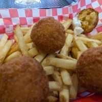 Mac-n-cheese balls and skinny fries at Lord of the Fries in Glenelg