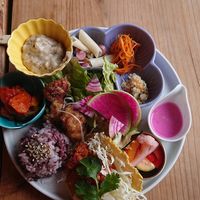 The 'Vegan Delight Plate'. This time it came with tacos, soy-meat karaage and various vegetable side dishes/pickles at Onwa in Nara