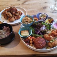 Vegan delight in the right (rice is a part of this dish) and karaage in the top left at Onwa in Nara