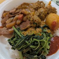 Vegan "pork belly", "mutton curry" and kailan with rice at Yuan Yuan 圓緣素食 - Chinatown in Central Singapore