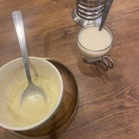 Soup and brown rice drink with hot water to water down the syrup   at Where is a Dog in Tokyo