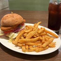 “Chik’n-less Chicken Sandwich” and Boysenberry punch   at Knott's Berry Farm - Mrs. Knott's Chicken Dinner Restaurant in Buena Park