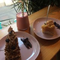 Two pieces of cakes (apple pie and other type) & strawberry shake at Sorrir in Poznan