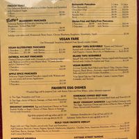 Menu with vegan section at Jeannie's Great Maine Breakfast in Bar Harbor