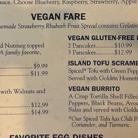 Vegan portion of menu  at Jeannie's Great Maine Breakfast in Bar Harbor