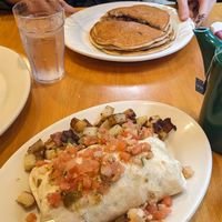 Vegan breakfast burrito and berry pancakes at Jeannie's Great Maine Breakfast in Bar Harbor