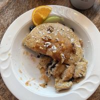 Apple pancakes with blueberries  at Jeannie's Great Maine Breakfast in Bar Harbor