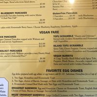 Menu showing vegan options! at Jeannie's Great Maine Breakfast in Bar Harbor