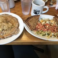 Apple spice single pancake and the Island Tofu scramble! Both were delicious! at Jeannie's Great Maine Breakfast in Bar Harbor
