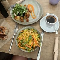 Noodle salad and mushroom/tomato/potato fry up  at George Cafe in Mount Maunganui