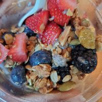apples, strawberries, blueberries, blackberries, almonds, crunchy granola, peanut butter, at Founding Farmers in King Of Prussia