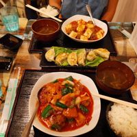 Sweet and sour soy meat, gyozas, and chili sauce with tofu and soy meat 😍 at Taiwan Shokudo in Tokyo