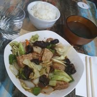 Double cooked soy meat with rice and soup at Taiwan Shokudo in Tokyo