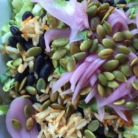 Salad with pickled onions, pumpkin seeds, beans, rice, and lettuce! at Cilantro Restaurant in Manchester Center