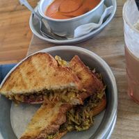 Reuben and tomato soup at Aleph Middle Eastern Eatery in Vancouver