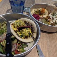 Falafel Benedict and shish kabab bowl at Aleph Middle Eastern Eatery in Vancouver