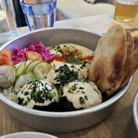 Falafel Bowl with Gluten-Free Pitas at Aleph Middle Eastern Eatery in Vancouver
