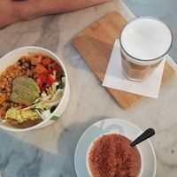 Sweet potato bowl, oat latte and hot chocolate at My Goodness in Berlin