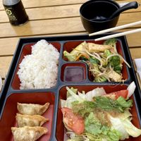 Vegan Bento with Miso soup, stir fried tofu and vegetables, vegetable gyozas and a side salad for 7,50€. at Surrito in Nuremberg
