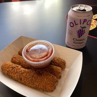 Vegan Mozzarella Cheese Sticks w/Sauce and Pop (~$20)  at Bizza in San Francisco