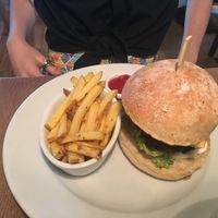 Crispy seitan fillet and avo burger with fries at Acanteen in Chelmsford