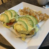 Vegan benedict (avocado, tomato, hollandaise, tofu patty) at SaVeg Cafe in Calgary